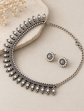 Silver Oxidized Beaded Ethnic Necklace & Earrings Set